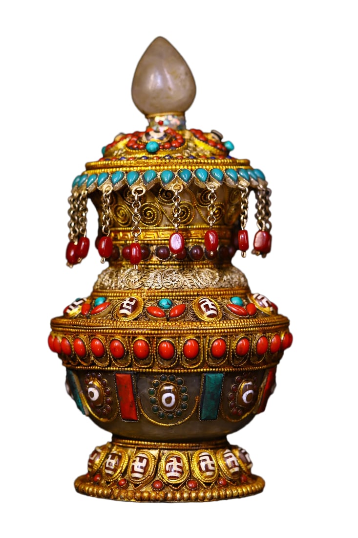 Old Tibetan Silver Wires Inlay Crystal & DZI Agate & Turquoise Pot Statue: Old Tibetan Silver Wires Inlay Crystal & DZI Agate & Turquoise Pot StatueDimension: 250 x 130 (mm)9.84 x 5.12 (inches) Weight: 3.00 lbs/ 1360 g