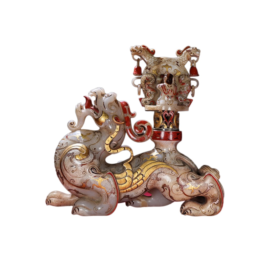 Exquisite Chinese Colored Drawing White Hetian Jade Carved Divine Beast Statue: Exquisite Chinese Colored Drawing White Hetian Jade Carved Divine Beast Statue Dimension: 268 x 258 x 78 (mm)10.55 x 10.16 x 3.07 (inches) Weight: 8.67 lbs/ 3934 g