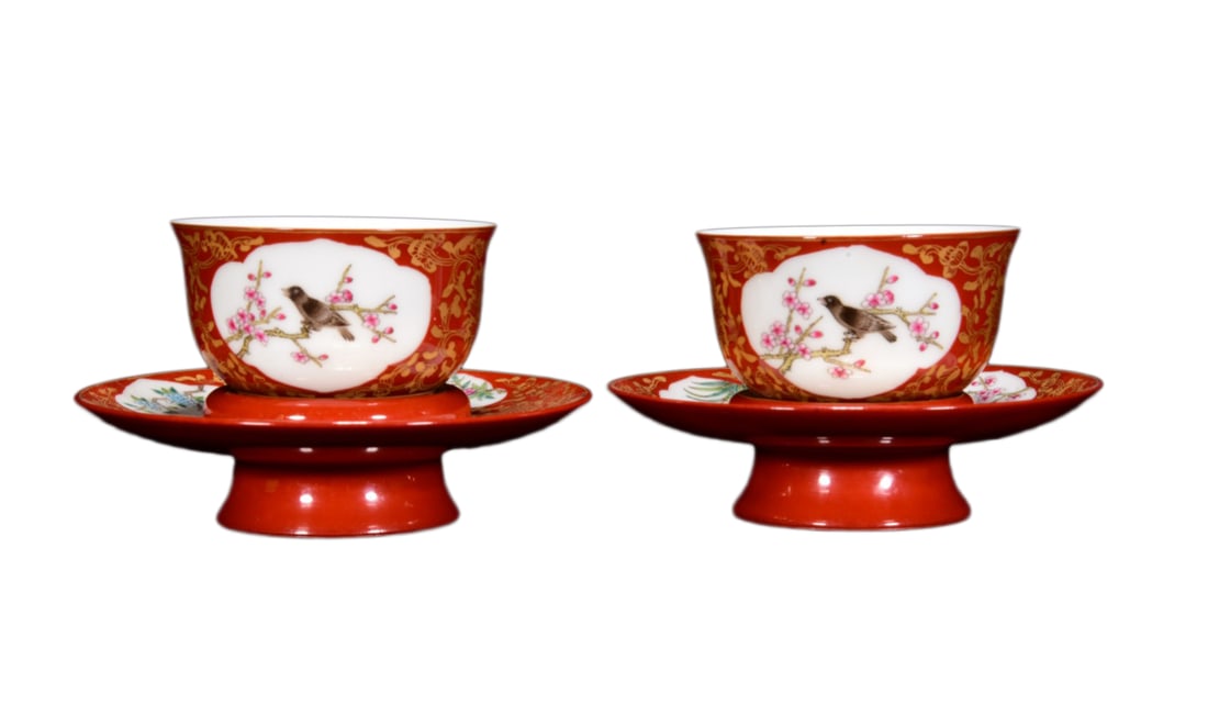 A Pair Chinese Qing Dynasty Famille Rose Flowers Bird Design Porcelain Teabowl w Saucer (1 of 10)