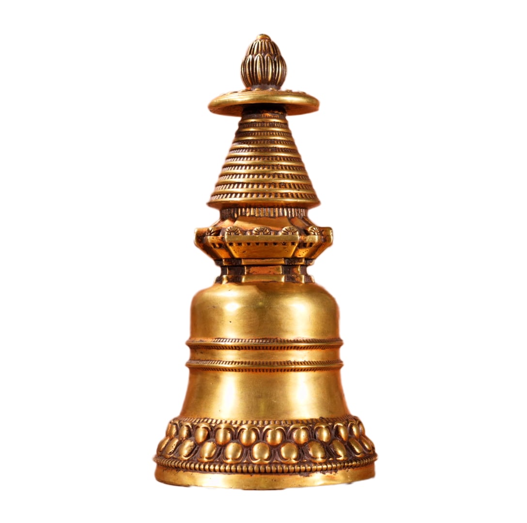 Old Tibetan Gilt Gold Copper Stupa Statue: Old Tibetan Gilt Gold Copper Stupa StatueDimension: 220 x 105 (mm) 8.66 x 4.13 (inches) Weight: 5.73 lbs/ 2600 g