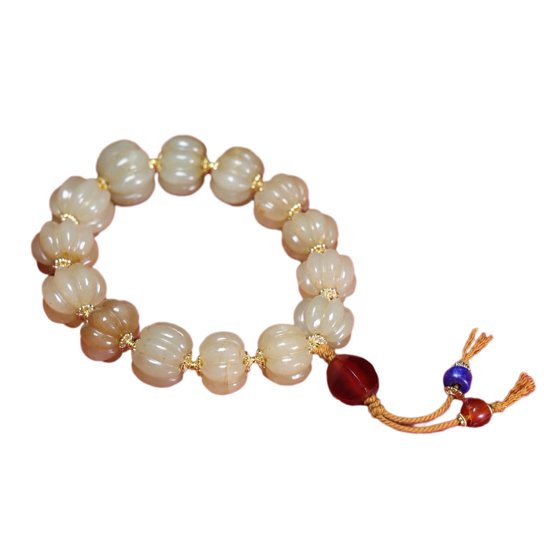 Vintage Chinese Hetian Jade Carved Pumpkin Beads Bracelet: Vintage Chinese Hetian Jade Carved Pumpkin Beads BraceletDimension: 17 x 13 (mm)0.67 x 0.51(inches) Weight: 0.22 lbs/ 99 g