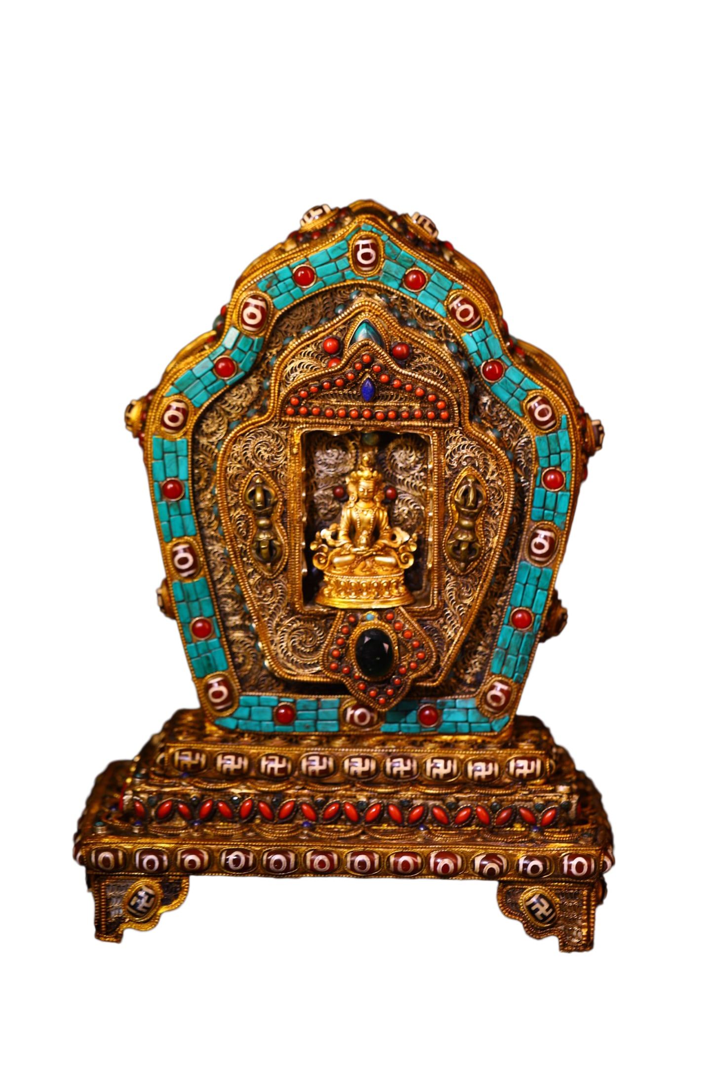 Tibetan Silver Wires Enamel Inlay Turquoise & DZI Agate & Gems Buddha Statue w Shrines: Tibetan Silver Wires Enamel Inlay Turquoise & DZI Agate & Gems Buddha Statue w ShrinesDimension: 300 x 220 x 120 (mm) 11.81 x 8.66 x 4.72 (inches) Weight: 5.18 lbs/ 2350 g