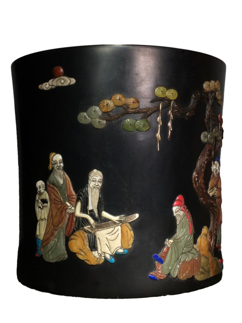 Chinese Zitan Wood Inlay Shoushan Stone Sages Meeting Design Brush Pot: Chinese Zitan Wood Inlay Shoushan Stone Sages Meeting Design Brush PotDimension: 245 x 240 (mm) 9.64 x 9.45 (inches) Weight :11.24 lbs/ 5100 g