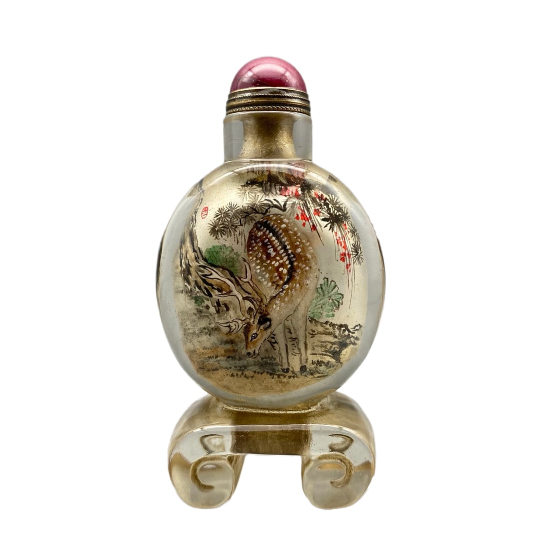 Old Chinese Peking Glass Inside Fortune Deer Snuff Bottle w Stopper: Old Chinese Peking Glass Inside Fortune Deer Snuff Bottle w StopperDimension: 95 x 51 x 28 (mm)3.74 x 2.01 x 1.10 (inches) Weight: 0.30 lbs/ 138 g