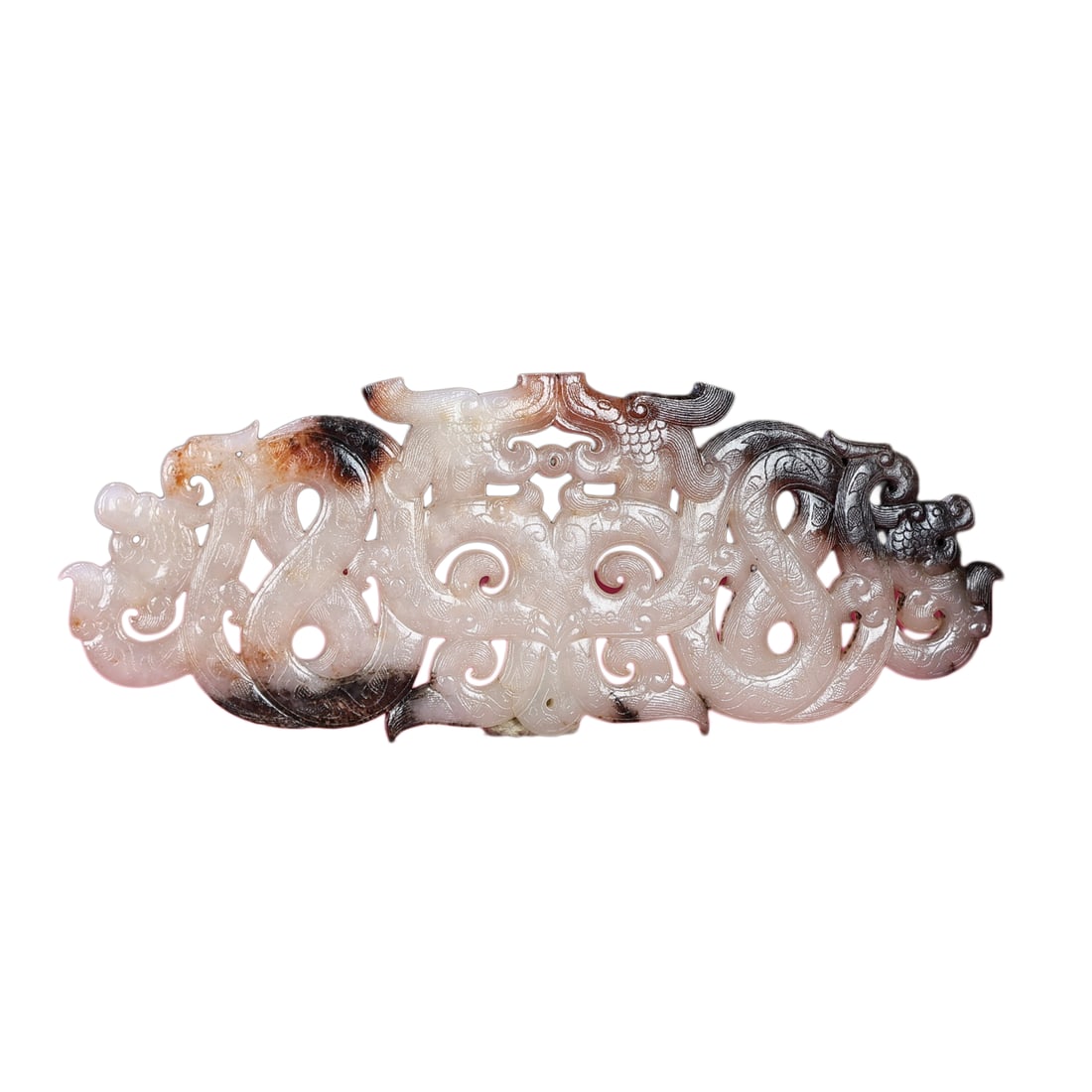 Openwork Chinese Hetian Jade Carved Dragon Phoenix Jade Bi: Openwork Chinese Hetian Jade Carved Dragon Phoenix Jade BiDimension: 160 x 61 x 5 (mm)6.30 x 2.40 x 0.20 (inches) Weight: 0.20 lbs/ 90 g