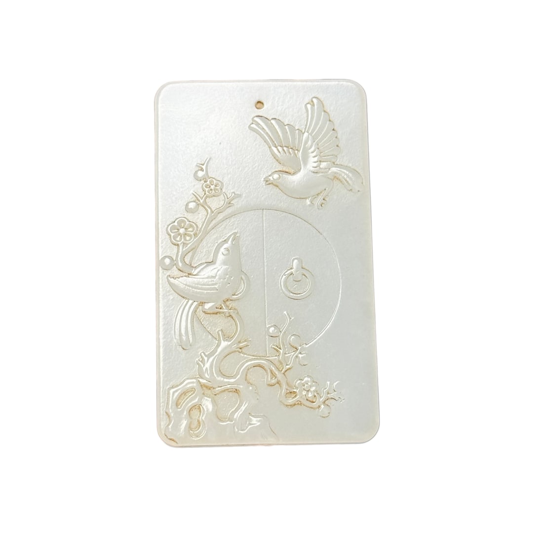 Chinese Hetian Jade Low Relief Plum Flower & Magpie Pendant: Chinese Hetian Jade Low Relief Plum Flower & Magpie PendantDimension: 59 x 34 x 4.7 (mm)2.32 x 1.34 x 0.18 (inches) Weight: 0.05 lbs/ 24 g