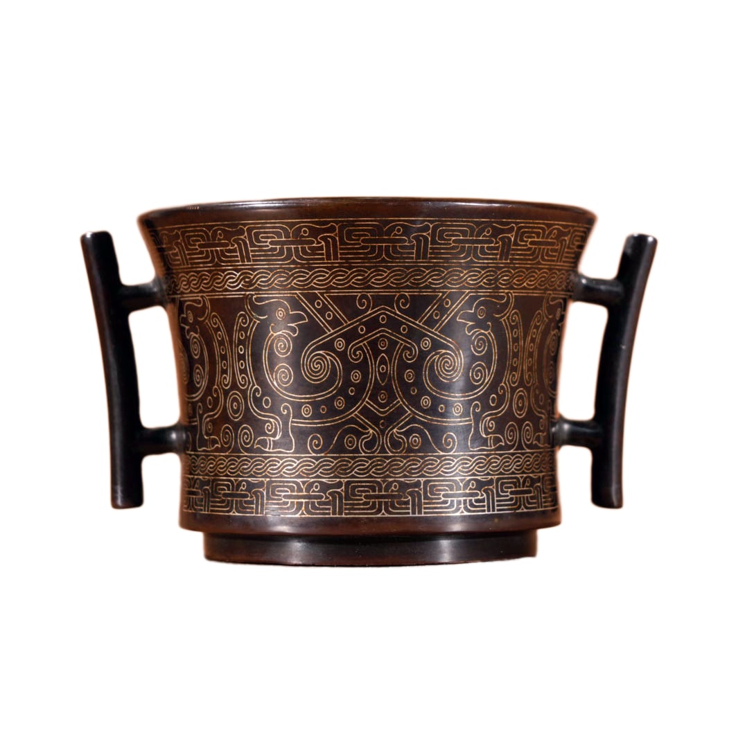 Chinese Copper Inlay Silver Wires Double Ear Incense Burner: Chinese Copper Inlay Silver Wires Double Ear Incense BurnerDimension: 95 x 70 (mm) 3.74 x 2.75 (inches) Weight: 1.74 lbs/ 790 g