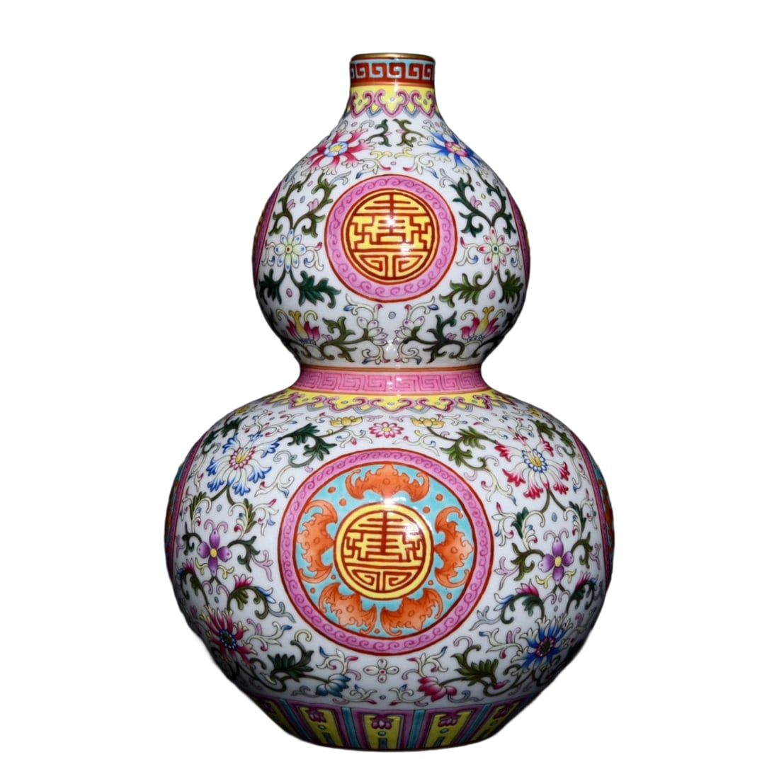 Chinese Qing Dynasty Gilt Edge Famille Rose Flowers Design Gourd Shape Porcelain Vase: Chinese Qing Dynasty Gilt Edge Famille Rose Flowers Design Gourd Shape Porcelain Vase Dimension: 295 x 195 (mm) 11.61 x 7.68 (inches)