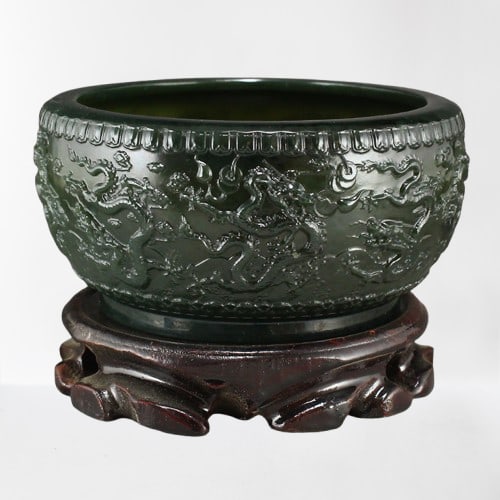 Chinese Green Hetian Jade Low Relife Nine Dragon Brush Washer w Certificate (1 of 14)