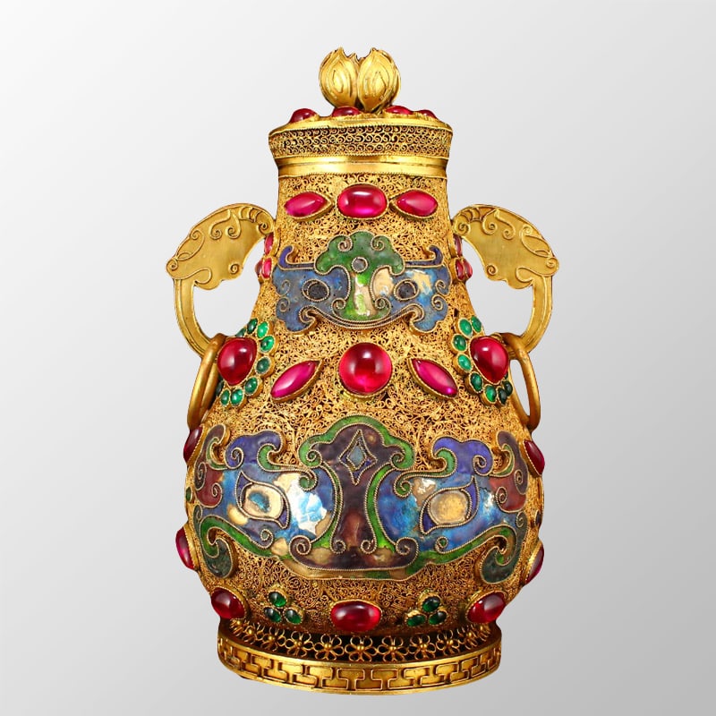 Superb Chinese Gold Wire Enamel Inlay Gem Double Rings Pot w Lid (1 of 12)
