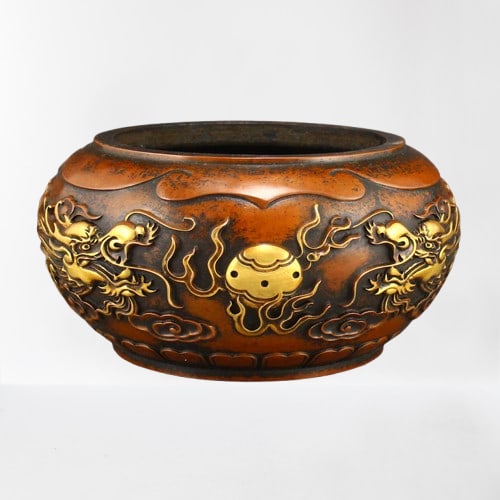 Chinese Gilt Gold Copper Double Dragon Fireball Incense Burner: Chinese Gilt Gold Red Copper Double Dragon Fireball Incense Burner w Xuan De Mark Dimension: 170 x 170 x 80(mm) 6.69 x 6.69 x 3.15(inches) Weight: 7.33 lbs/ 3324 g