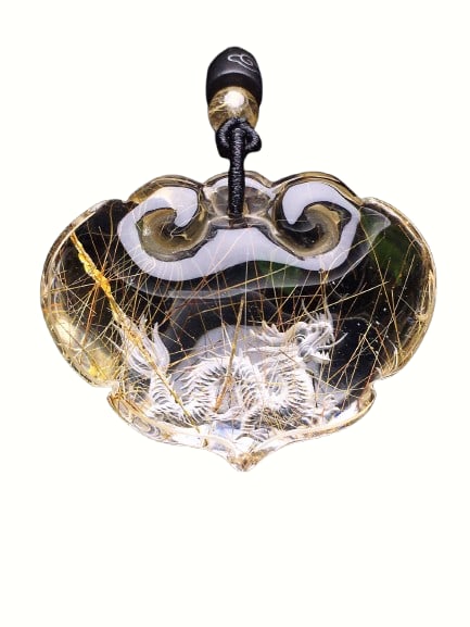 Beautiful Rutilated Quartz Inner Carving Fortune Dragon Ruyi Pendant: Beautiful Rutilated Quartz Inner Carving Fortune Dragon Ruyi Pendant Dimension: 47 x 36 x 20 (mm) 1.85 x 1.42 x 0.79 (inches)Weight: 0.10 lbs/ 45.2 g
