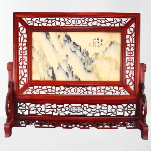 Chinese Zitan Wood Inlay Marble Turn Heart Screen: Chinese Zitan Wood Inlay Marble Turn Heart Screen Dimension: 410 x 362 x 118 (mm) 16.14 x 14.25 x 4.64 (inches) Weight: 3.48 lbs/ 1581 g