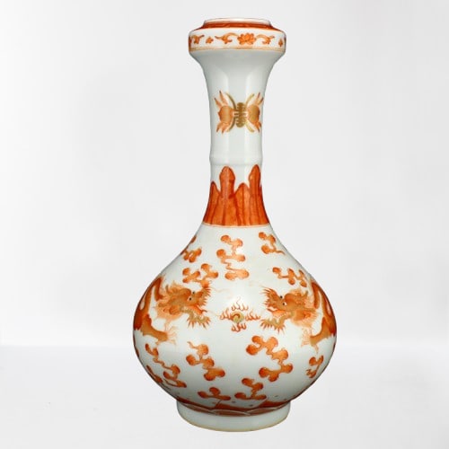 Chinese Gilt Edge Iron Red Glaze Dragon & Fireball Porcelain Vase: Chinese Gilt Edge Iron Red Glaze Dragon & Fireball Porcelain Vase w Qianlong Mark Dimension: 285 x 130 x 130 (mm) 11.22 x 5.12 x 5.12 (inches) Weight 2.06 lbs/934 g