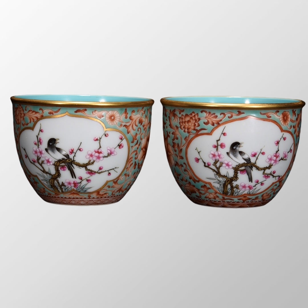 A Pair Chinese Gilt Edge Famille Rose Plum Flower & Magpie Design Porcelain Cups: A Pair Chinese Gilt Edge Famille Rose Plum Flower & Magpie Design Porcelain CupsDimension:60 x 80(mm)2.36 x 3.15(inches)