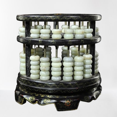 Vintage Chinese Gilt Gold Wooden-cored Lacquerware Inlay Jade Beads Abacus Shape Brush Pot (1 of 10)