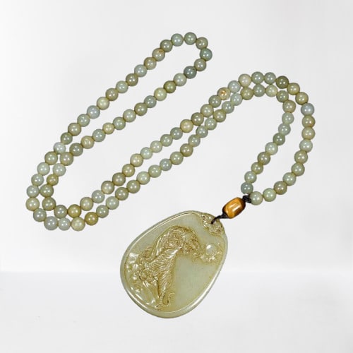 Old Chinese Hetian Jade Tiger Pendant: Old Chinese Hetian Jade Tiger PendantDimension: 70 x 53 x 9 (mm)2.75 x 2.09 x 0.35 (inches) Weight: 0.35 lbs/ 157 g