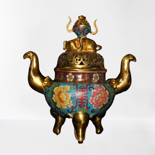 Vintage Chinese Gilt Gold Copper Cloisonne Double Ear 3 Leg Elephant Incense Burner: Vintage Chinese Gilt Gold Copper Cloisonne Double Ear 3 Leg Elephant Incense Burner Dimension: 260 x 150 x 280(mm) 10.24 x 5.90 x 11.02 (inches) Weight: 5.18 lbs/2348 g