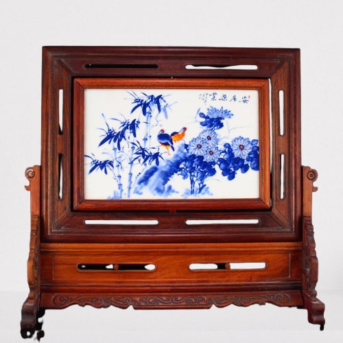 Vintage Chinese Zitan Inlay Blue And White Porcelain Flowers Bird Design Screen (1 of 11)
