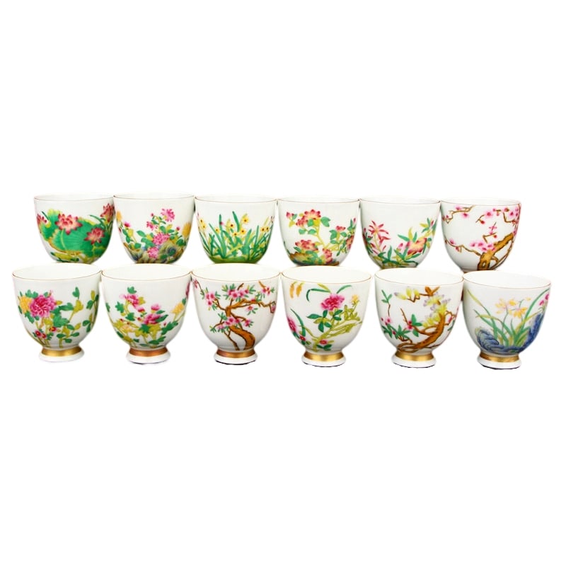 A Set Twelve Chinese Famille Rose Flowers Design Porcelain Cups: A Set Twelve Chinese Famille Rose Flowers Design Porcelain CupsDimension: 65 x 64 x 64 (mm)2.56 x 2.52 x 2.52 (inches)Total Weight: 1.48 lbs/ 672 g