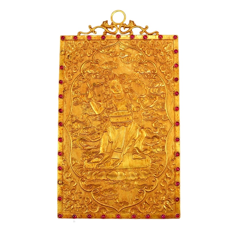 Superb Chinese Gilt Gold Red Copper Boddhisattva & Sutras Tangka: Superb Chinese Gilt Gold Red Copper Boddhisattva & Sutras Tangka Dimension: 190 x 15 x 333(mm) 7.48 x 0.59 x 13.11(inches) Weight: 6.33 lbs/2870 g