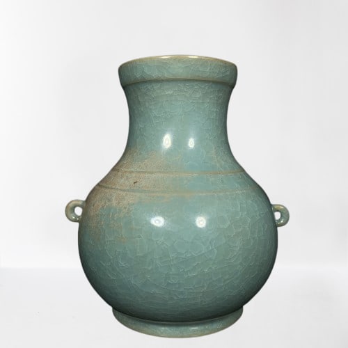 Chinese Ru Kiln Blue Glaze Double Ears Porcelain Vase: Chinese Ru Kiln Blue Glaze Double Ears Porcelain VaseDimension: 140 x 125 x 125(mm)5.51 x 4.92 x 4.92(inches)