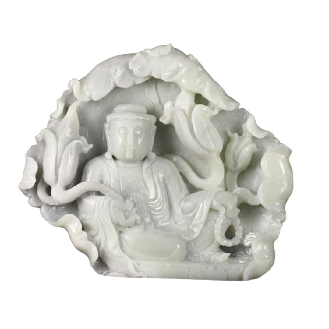 Chinese Natural Hetian Jade Kwan-yin Statue: Chinese Natural Hetian Jade Kwan-yin Statue Dimension: 180 x 158 x 35(mm) 7.09 x 6.22 x 1.38 (inches) Weight: 2.55 lbs/ 1156 g The total weight does not include the base. The base is included after yo