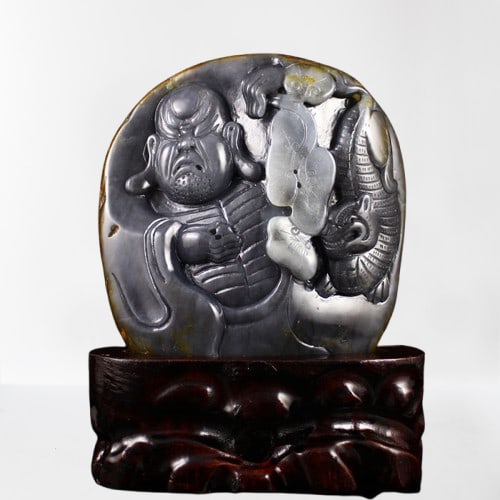 Chinese Natural Hetian Jade Carved Arhat & Beast Statue: Chinese Natural Hetian Jade Carved Arhat & Beast StatueDimension:125 x 145 x 30(mm)4.92 x 5.71 x 1.18(inches)Weight:2.25 lbs/1022g( without the base)The base is included for the purchase.