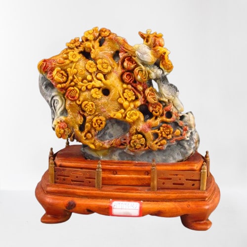 Chinese Shoushan Stone Carved Flowers Bird Statue: Chinese Shoushan Stone Carved Flowers Bird StatueDimension: 157 x 140 x 64 (mm) 6.18 x 5.51 x 2.52 (inches) Weight: 3.95 lbs/ 1792 g The total weight does not include the base. The base is included af