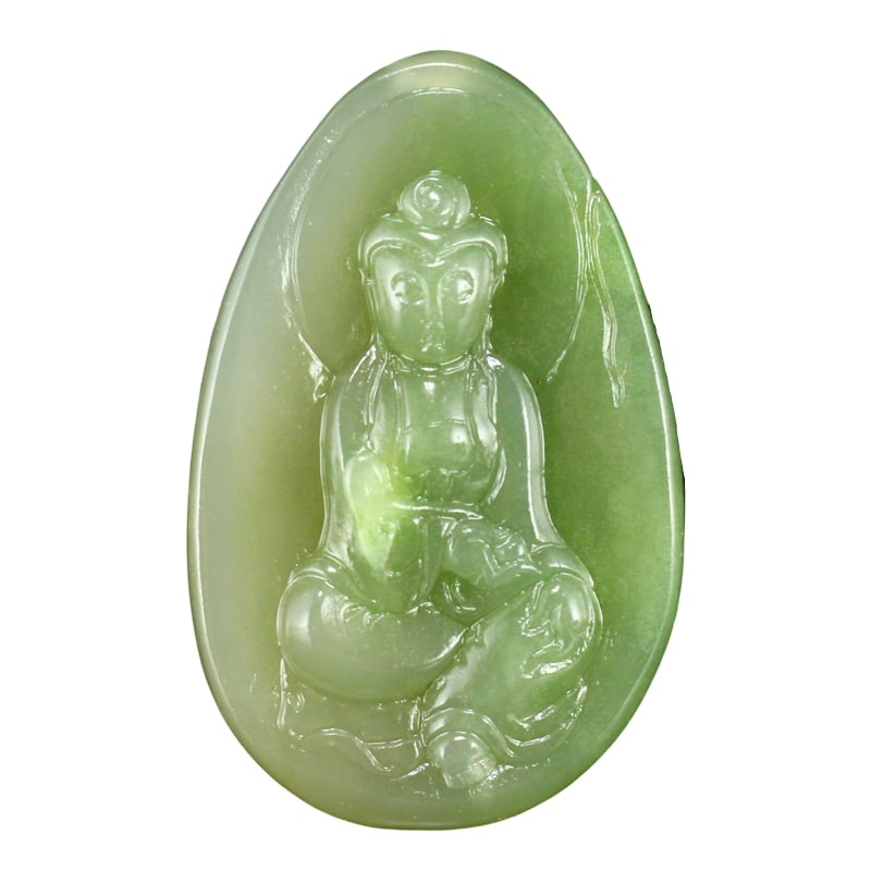 Chinese Natural Green Hetian Jade Kwan-yin Pendant w Certificate: Chinese Natural Green Hetian Jade Kwan-yin Pendant w Certificate Dimension: 47 x 30 x 9(mm) 1.85 x 1.18 x 0.35(inches) Weight: 0.05 lbs/21.05g The wooden stand not included.
