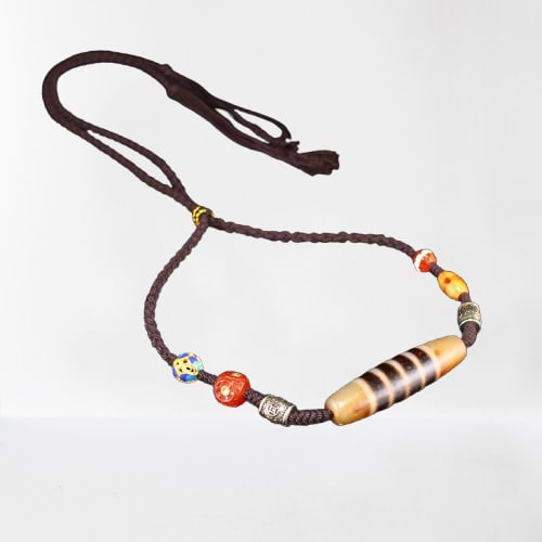 Old Tibetan DZI Agate Lucky Pendant w Hand Woven Beads Necklace (1 of 7)