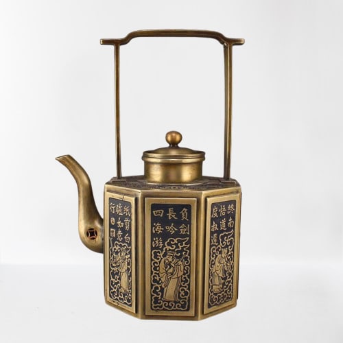 Chinese White Copper Poetic Prose & Figures Handle Teapot: Chinese White Copper Poetic Prose & Figures Handle Teapot Dimension: 193 x 124 x 85 (mm) 7.60 x 4.88 x 3.35(inches) Weight: 1.75 lbs/792 g