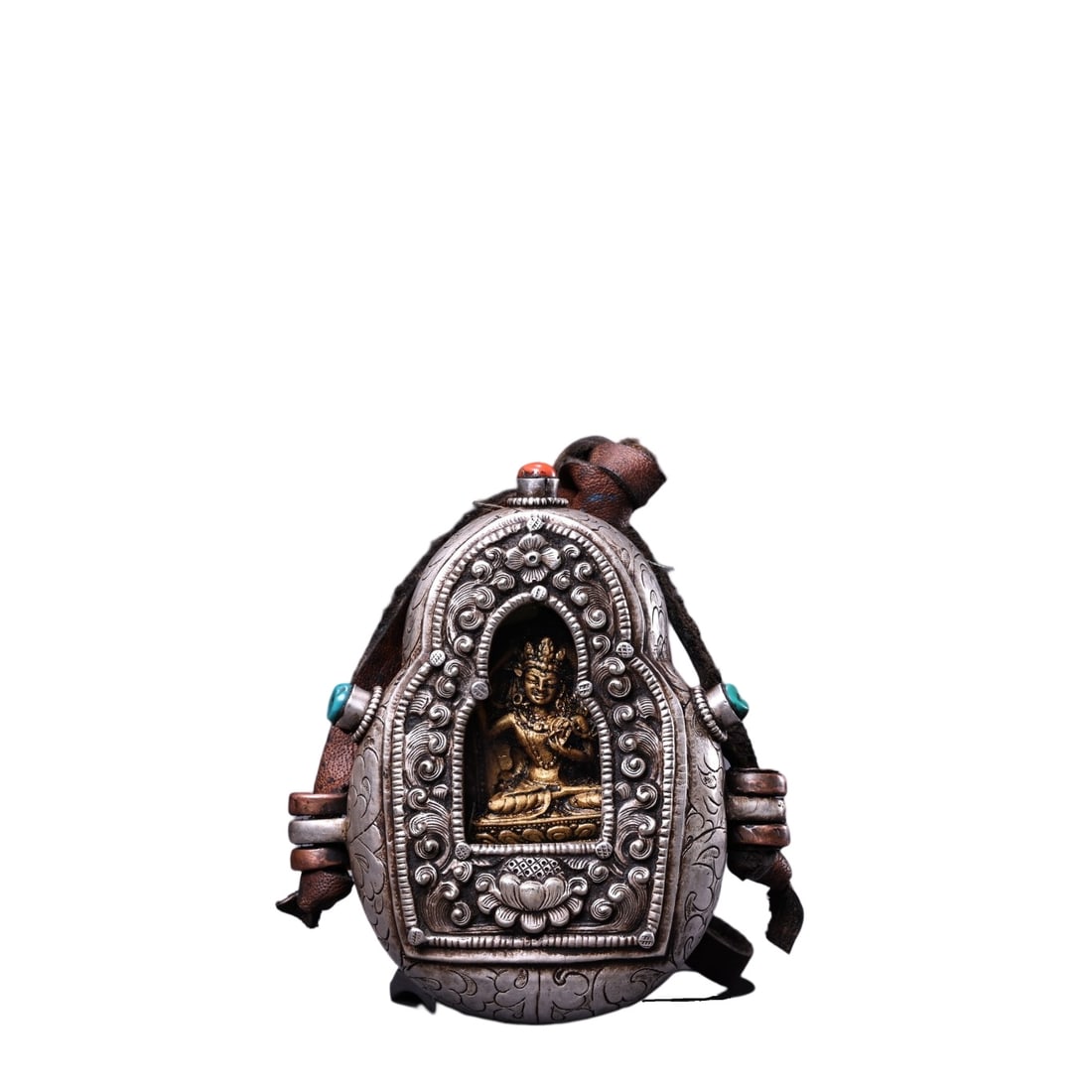 Old Tibetan Silver Inlay Turquoise & Bronze Tara Buddha Shrines Pendant: Old Tibetan Silver Inlay Turquoise & Bronze Tara Buddha Shrines PendantDimension: 100 x 85 x 50(mm) 3.94 x 3.35 x 1.97(inches)Weight: 0.34 lbs/ 155 g