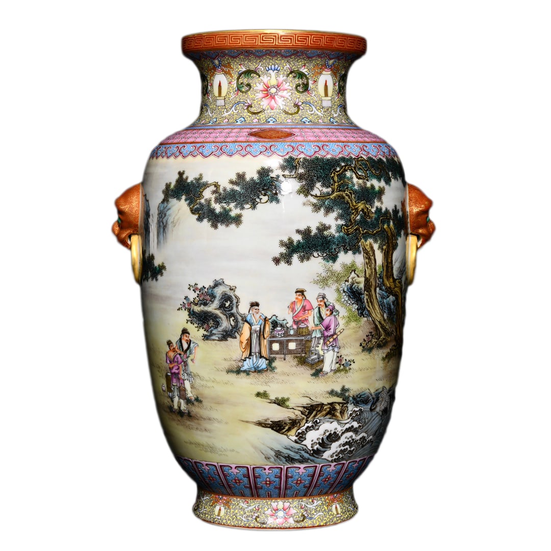 Chinese Famille Rose Porcelain Lantern Vase w Fighting Tea Ceremony 295mmx200mm w QianLong Mark (1 of 10)