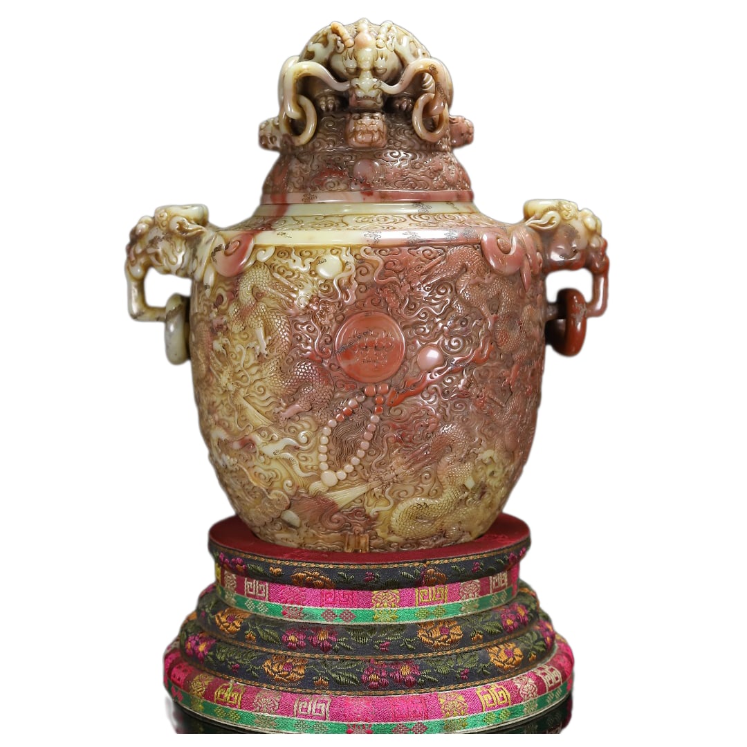 7100 g Chinese Shoushan Stone Hand-Carved Pot w Fortune Dragon,Old (1 of 11)