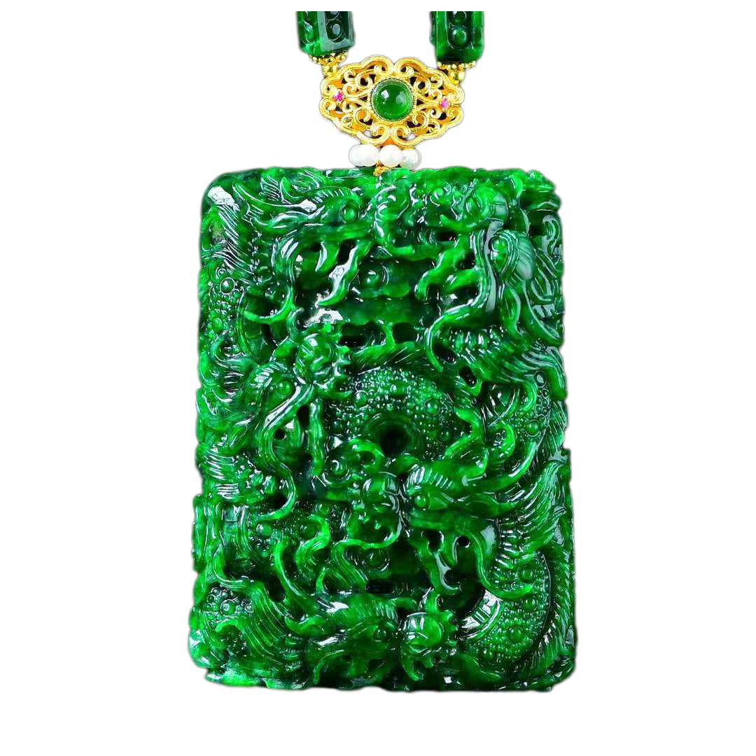 Green Jadeite Hand-Carved Pendant & Fortune Dragon w Hand Woven Beads Necklace (1 of 8)