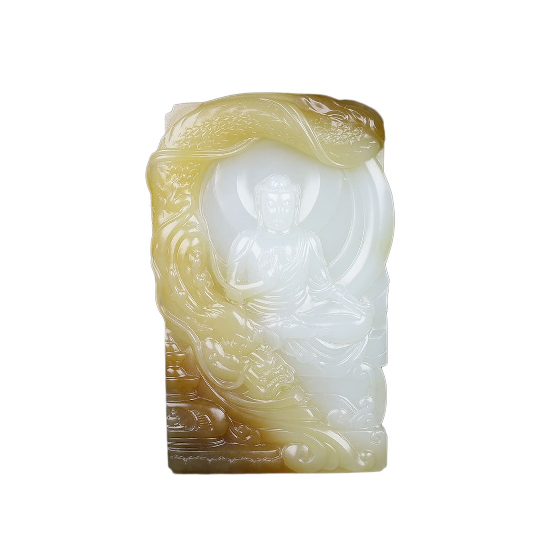 Chinese Sugar White Hetian Jade Hand-Carved Buddha Pendant w Siddhartha Buddha & Dragon 65 g: Chinese Sugar White Hetian Jade Hand-Carved Buddha Pendant w Siddhartha Buddha & Dragon 65 g Dimension: 69 x 45 x 9 (mm) 2.72 x 1.77 x 0.35 (inches) Weight: 0.14 lbs/ 65 g