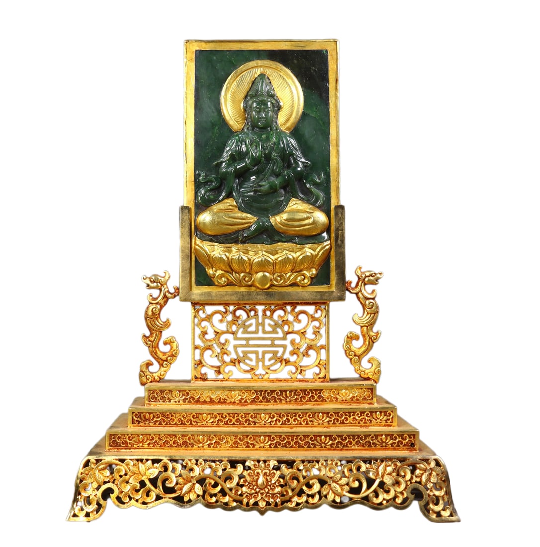 Chinese Gilt-Gold Copper Inlay Green Hetian Jade Hand-Carved Buddha Screen w Kwan-yin 3350g (1 of 10)
