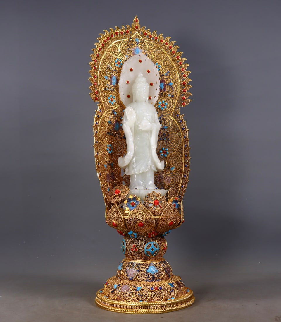 Chinese Hetian Jade Hand-Carved Buddha Statue w Siddhartha Buddha & Gold Wires Enamel Inlay Gem Base - 4