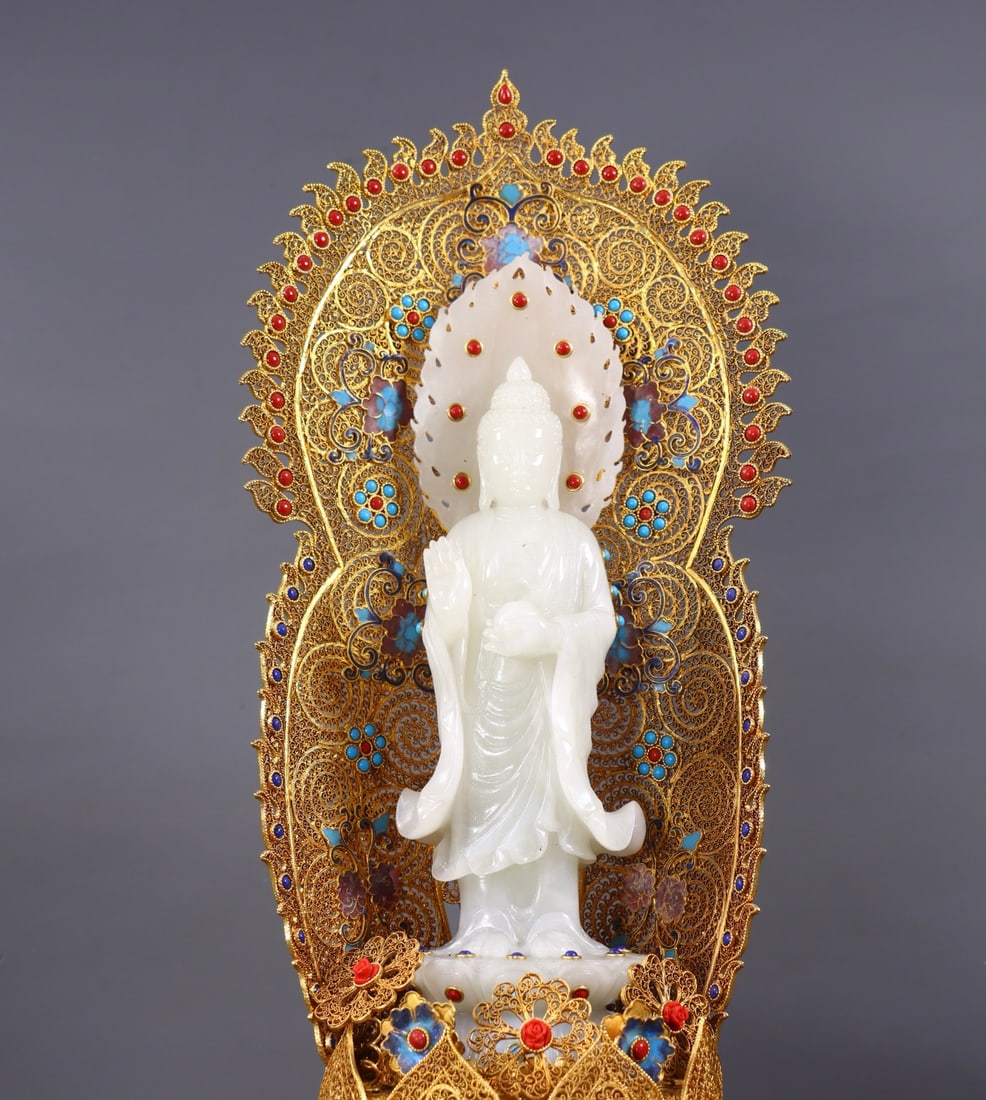 Chinese Hetian Jade Hand-Carved Buddha Statue w Siddhartha Buddha & Gold Wires Enamel Inlay Gem Base - 6