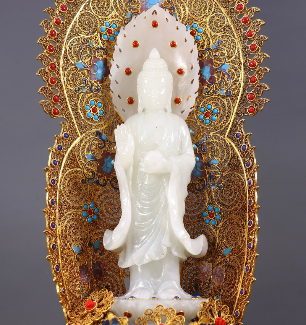 Chinese Hetian Jade Hand-Carved Buddha Statue w Siddhartha Buddha & Gold Wires Enamel Inlay Gem Base - 7