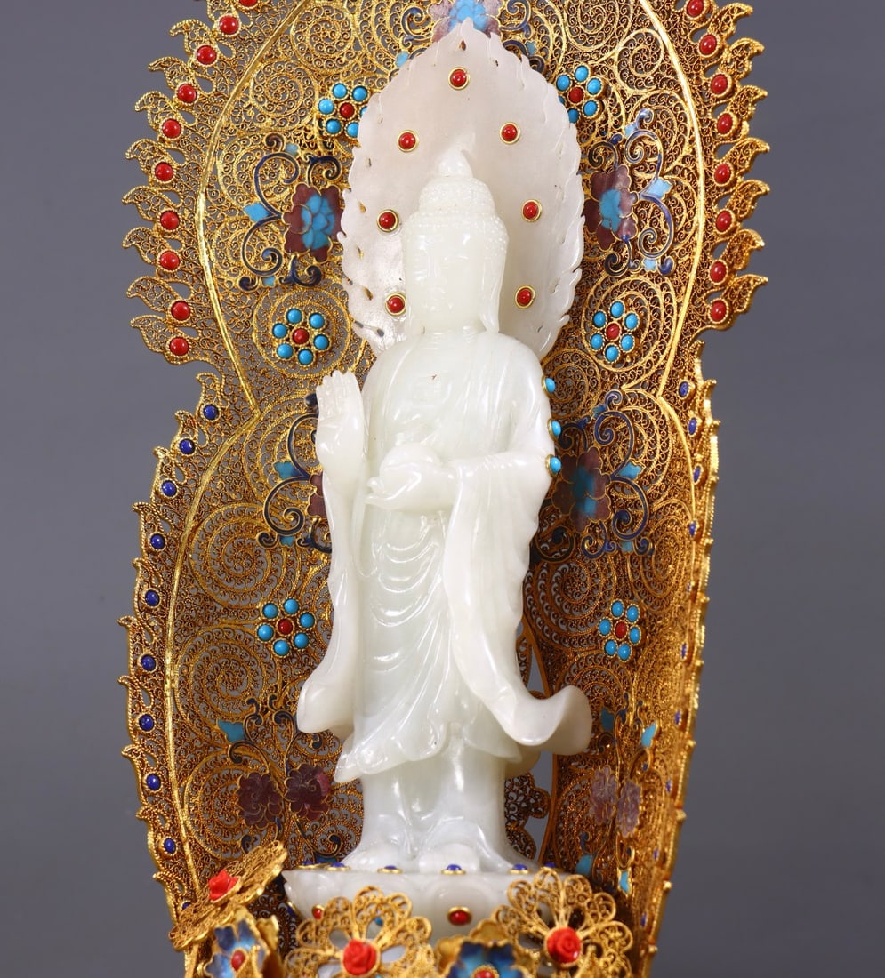 Chinese Hetian Jade Hand-Carved Buddha Statue w Siddhartha Buddha & Gold Wires Enamel Inlay Gem Base - 8