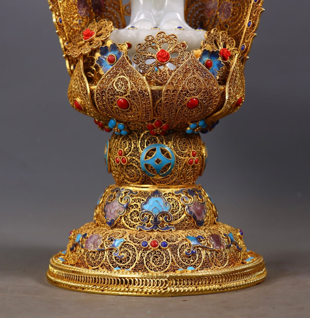 Chinese Hetian Jade Hand-Carved Buddha Statue w Siddhartha Buddha & Gold Wires Enamel Inlay Gem Base - 9