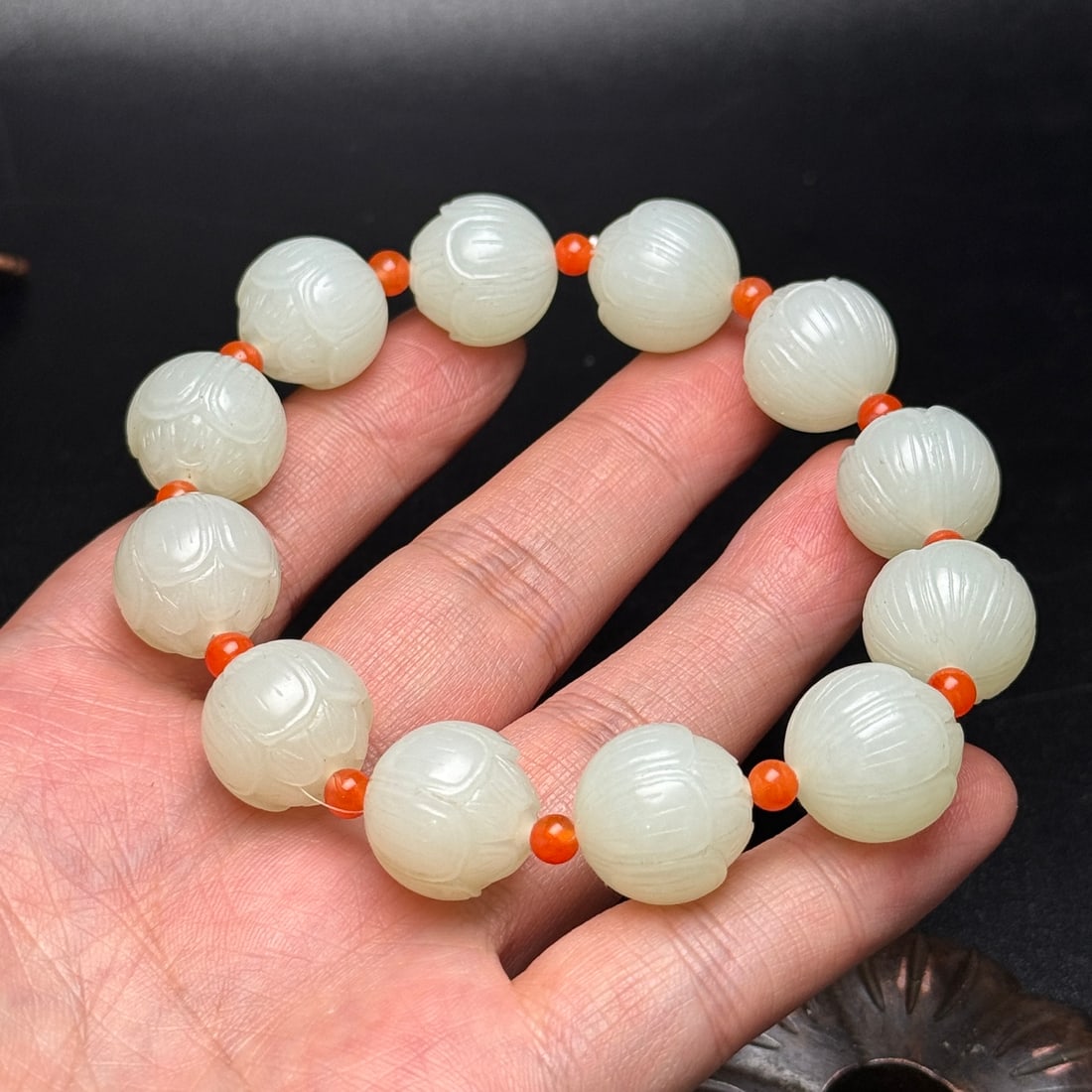 Chinese Hetian Jade Hand-Carved Flower Beads Bracelet w Lotus Flower 71g - 10