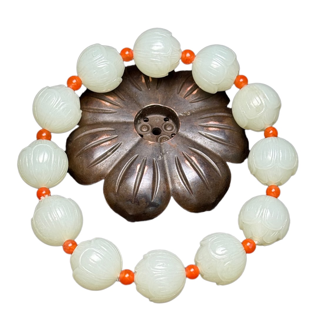 Chinese Hetian Jade Hand-Carved Flower Beads Bracelet w Lotus Flower 71g
