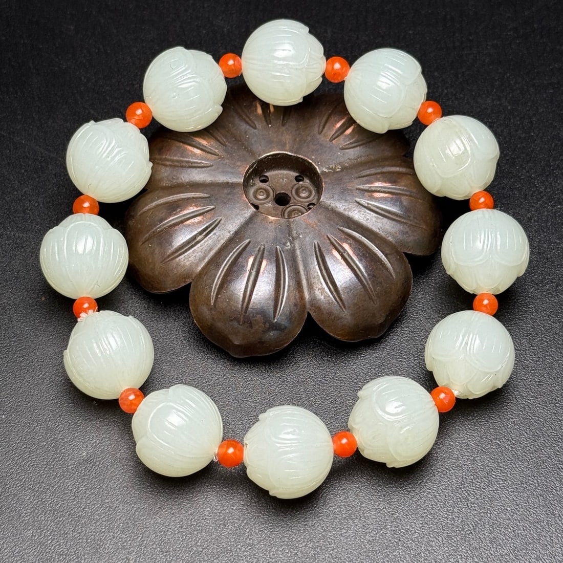 Chinese Hetian Jade Hand-Carved Flower Beads Bracelet w Lotus Flower 71g - 2