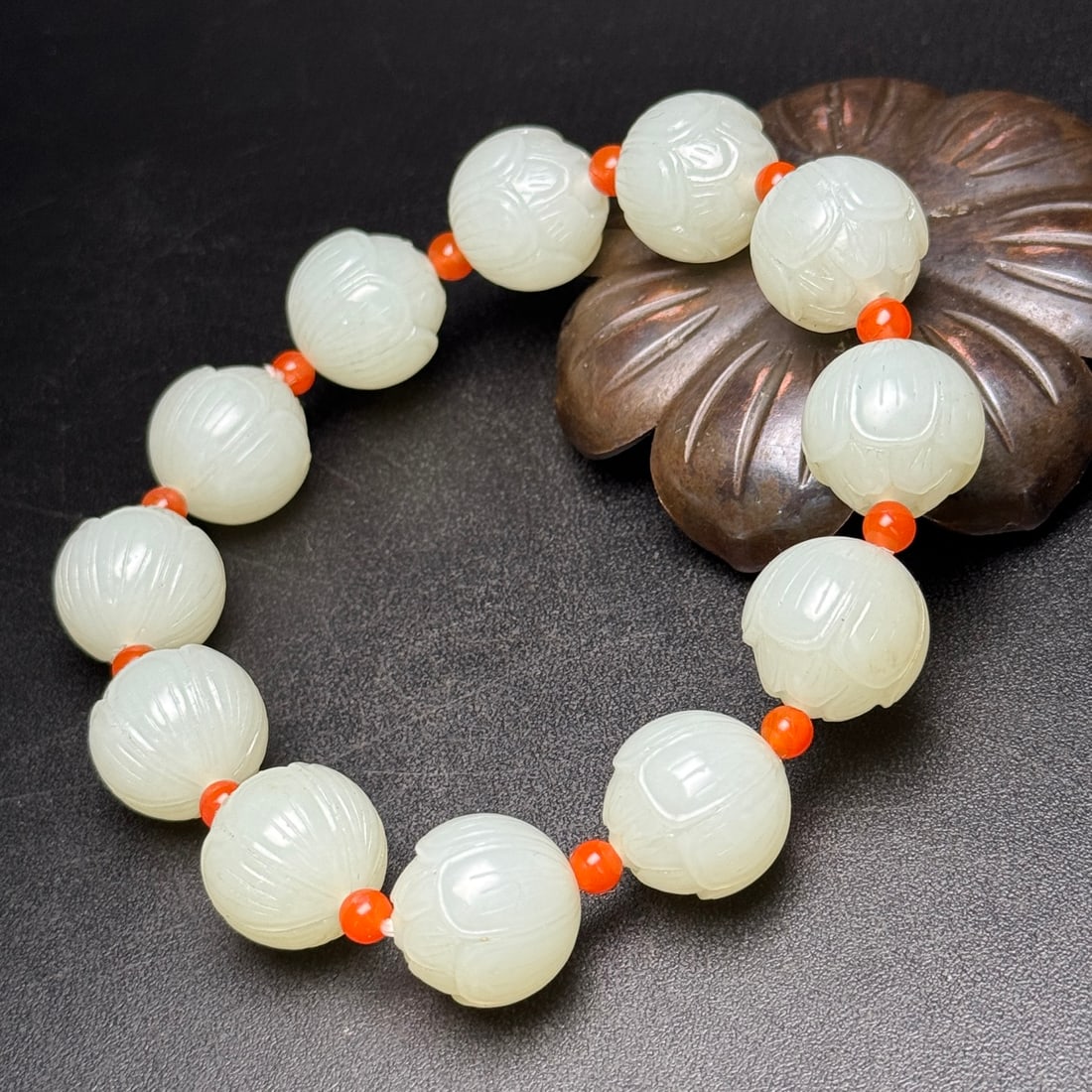 Chinese Hetian Jade Hand-Carved Flower Beads Bracelet w Lotus Flower 71g - 4
