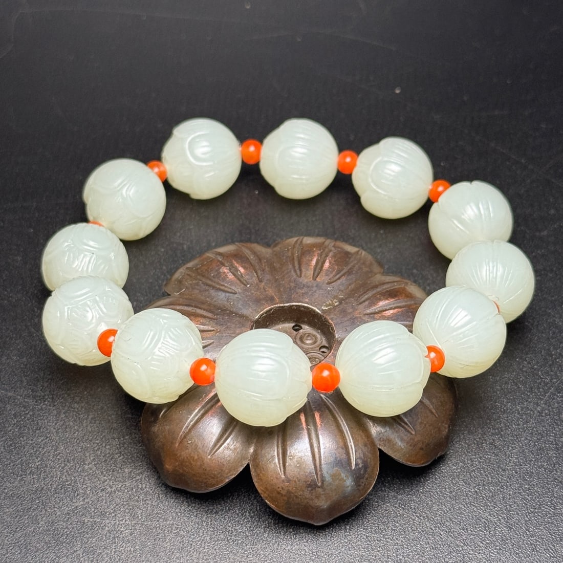 Chinese Hetian Jade Hand-Carved Flower Beads Bracelet w Lotus Flower 71g - 5