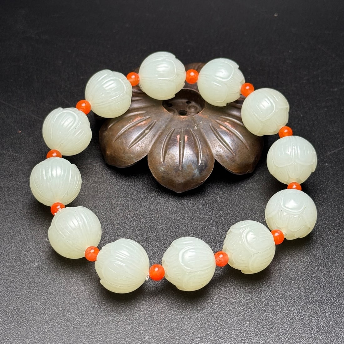 Chinese Hetian Jade Hand-Carved Flower Beads Bracelet w Lotus Flower 71g - 6