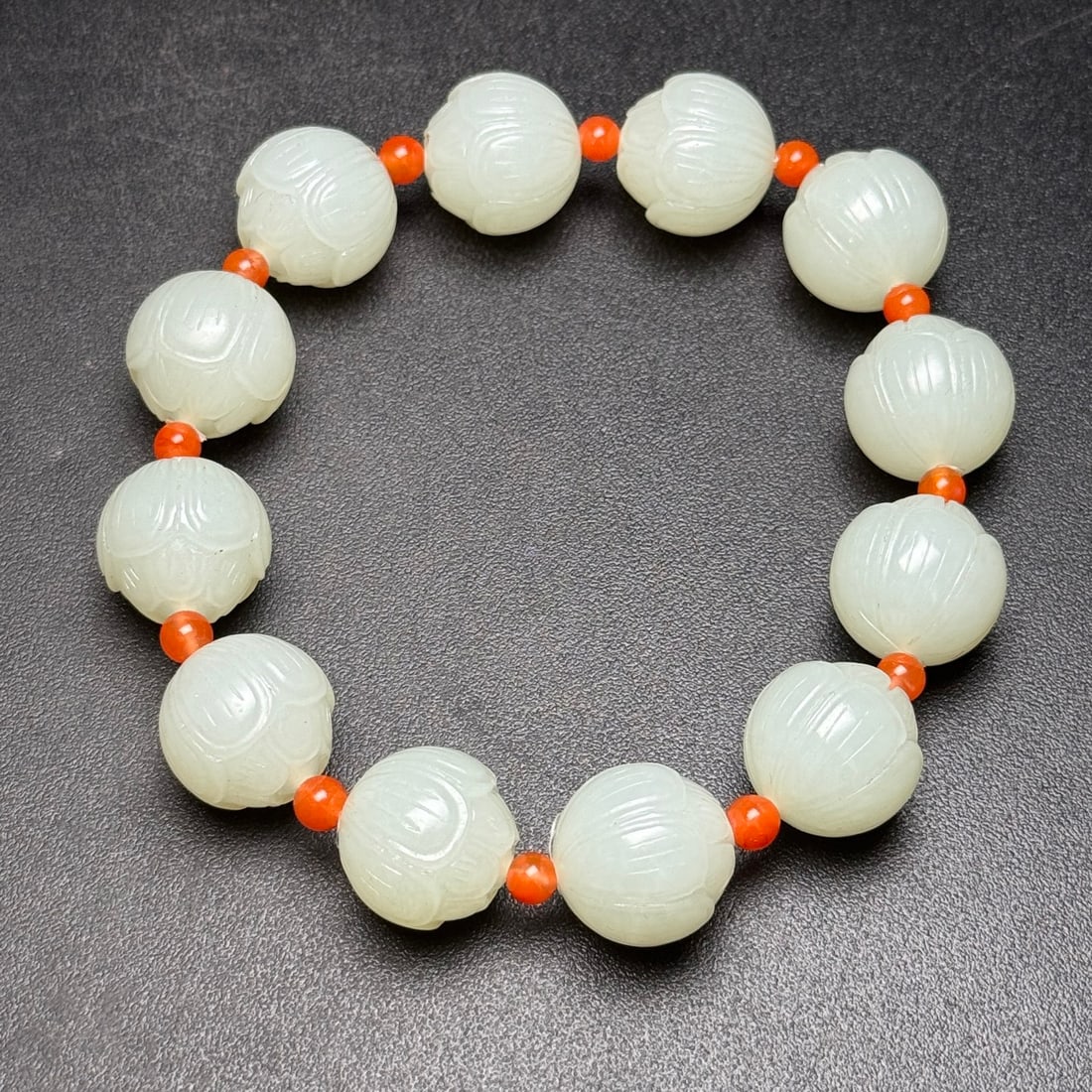 Chinese Hetian Jade Hand-Carved Flower Beads Bracelet w Lotus Flower 71g - 7